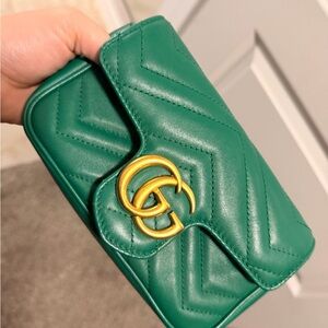 MINI MARMONT Gucci Green Quilted Matelassé Mini Shoulder Bag with Gold Double G